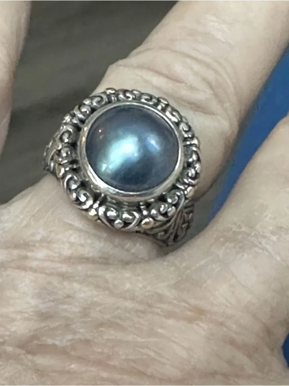 Sterling Silver Filigree Ring with Gray-Blue Pearl Cabochon